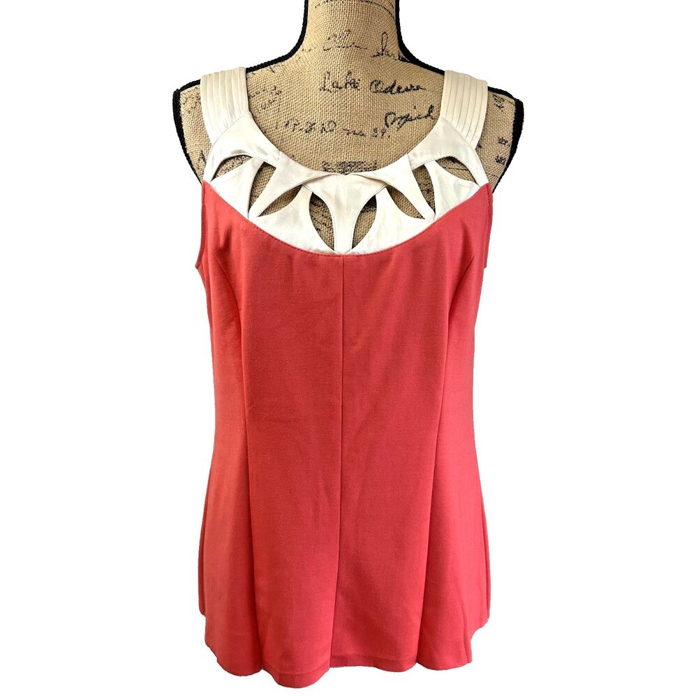 Etcetera Women's Coral Sleeveless Blouse with Cream Petal Cutout Neckline Size 8